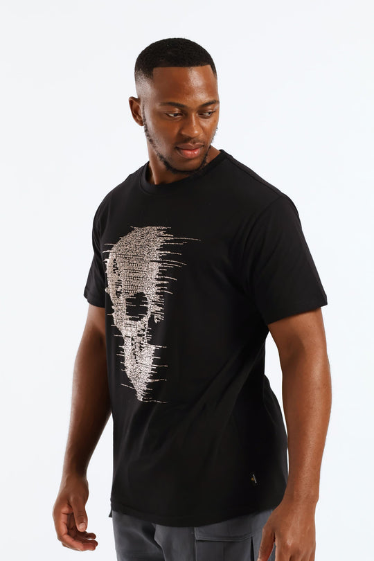 Short Sleeve Mock Rhinestone Tee - Black